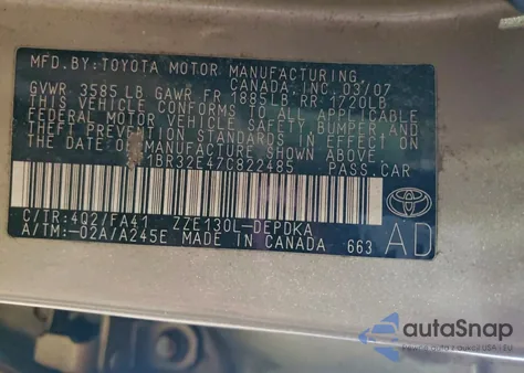 2007 Toyota Corolla Ce z USA, uszkodzony, nr VIN 2T1BR32E47C822485